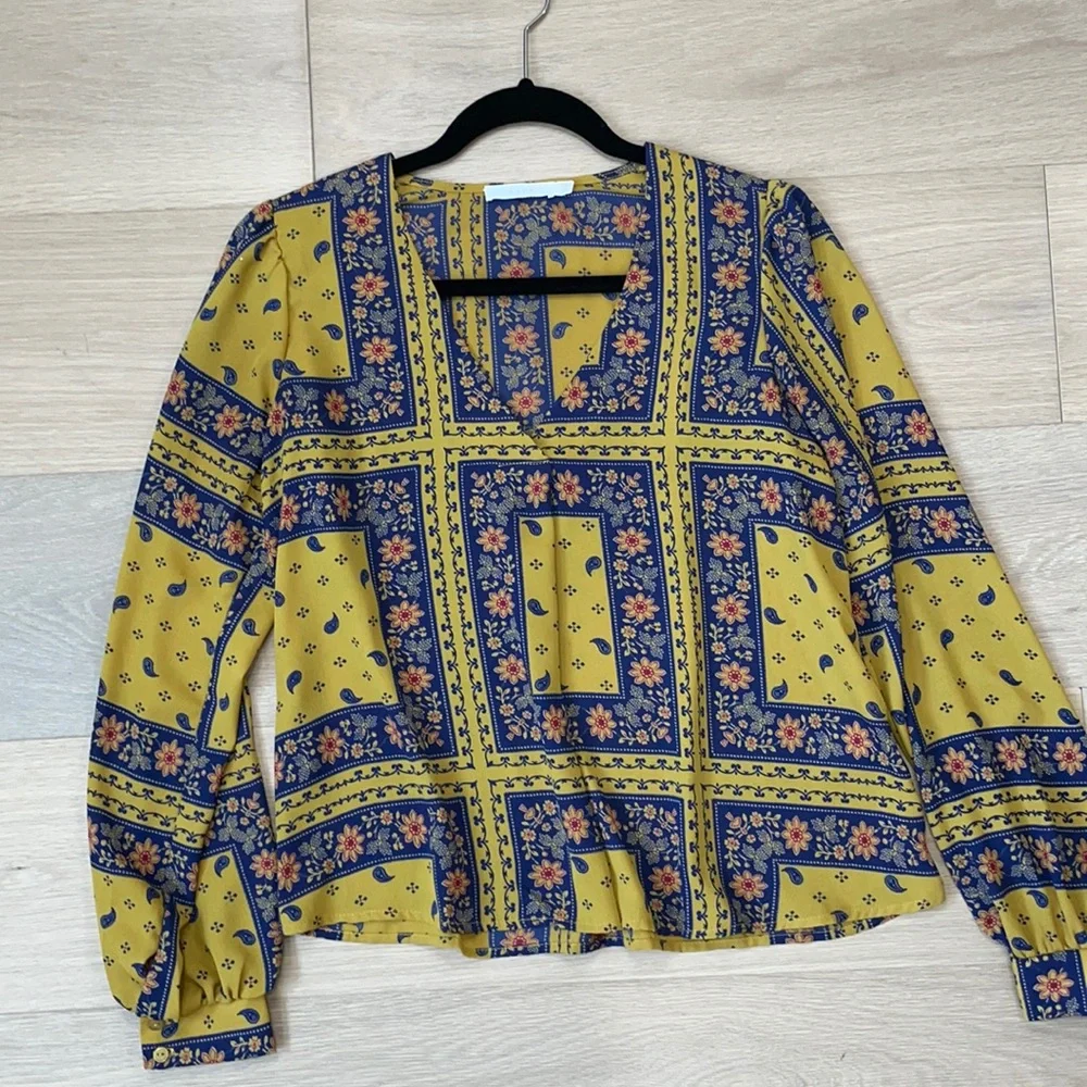 Blouse Yellow & Blue Floral & Paisley+Sz S - Picture 1 of 8